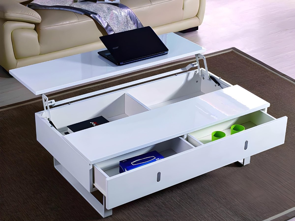 table basse blanche brillante design rangement tiroir
